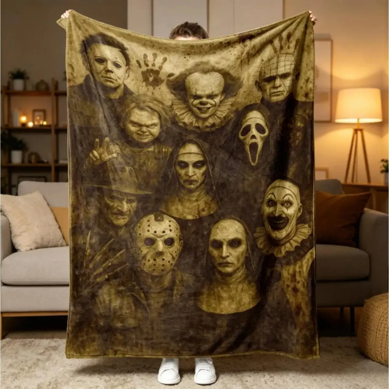 Horror Characters Family Photo Flannel Blanket for Adults, Funny Horror Movie Icons Cozy Throw Blanket, Ultra Soft Plush Fleece Blanket for Sofa Bed Bedroom Dorm Travel Decor, Halloween Birthday Christmas Holiday Fan Gift