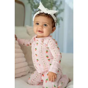 Strawberry Stripe Bamboo Zip-up romper | BOOSH BABY Convertible onesie with cute strawberry print for kids 0-3 months up to 18-24 months