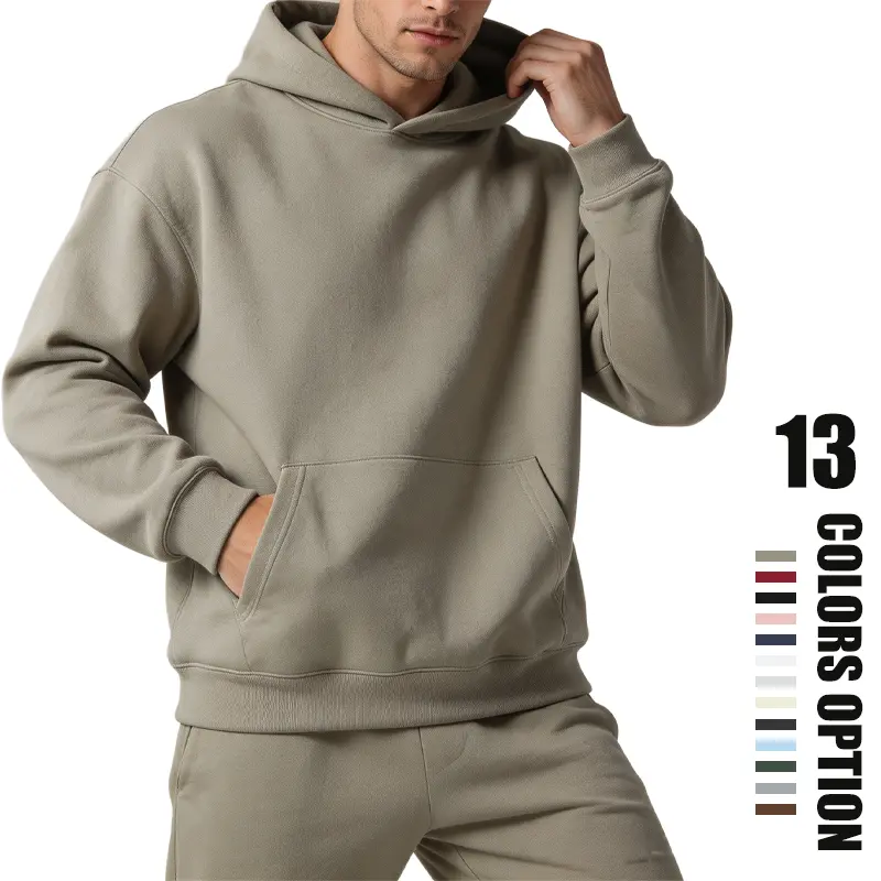 Men's Heavyweight Hooded Sweatshirt, Stylish Plain Long Sleeve Pullover with Drop Shoulders and Kangaroo Pouch for Casual Sports, Menswear, All-Seasons, Poly-Cotton