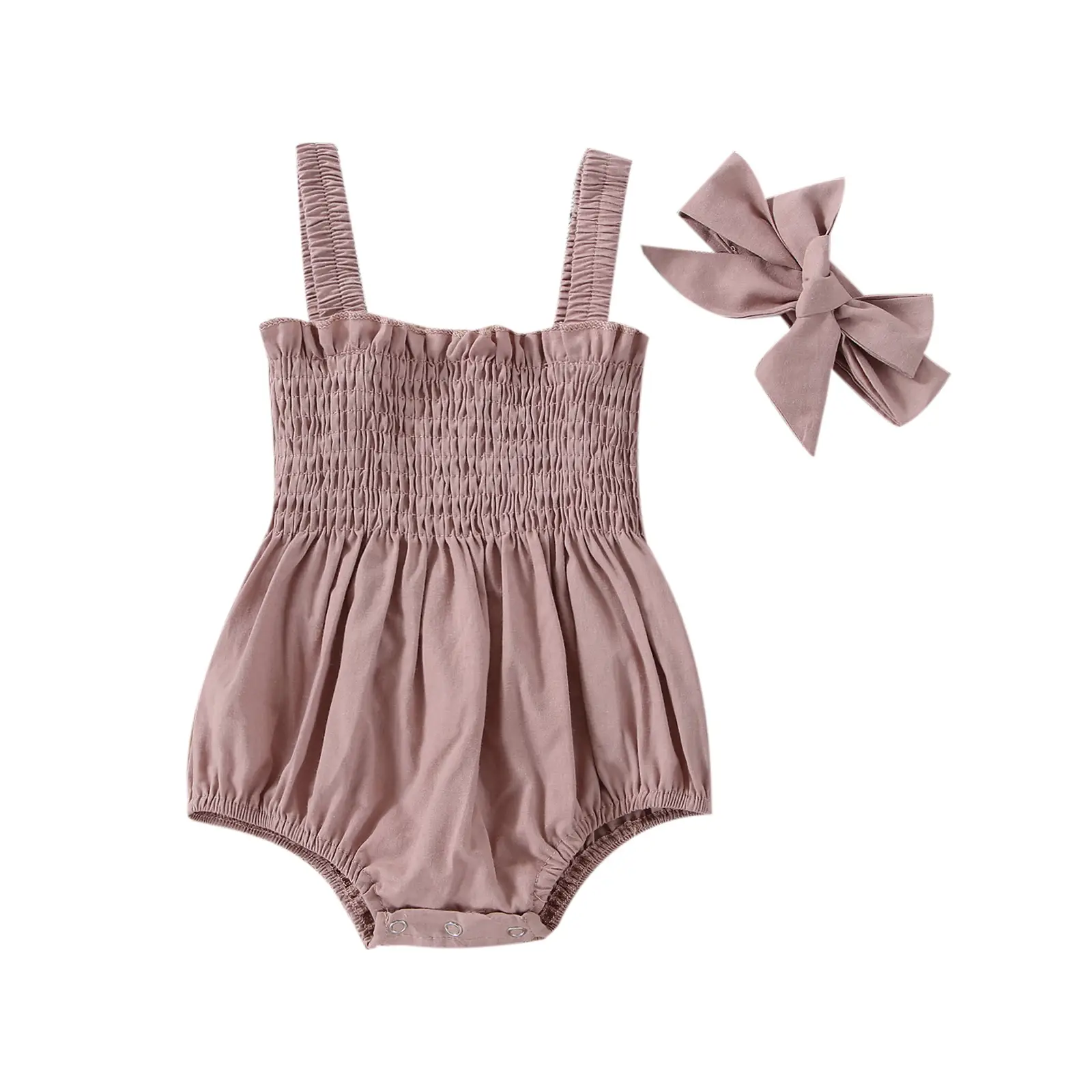 Baby Girl Outfit Spring Summer Jumpsuit Outfit Solid Color Ruched Smocked Bodysuit Infant Newborn Toddler Girl Casual Sleeveless Spaghetti Strap Rompe