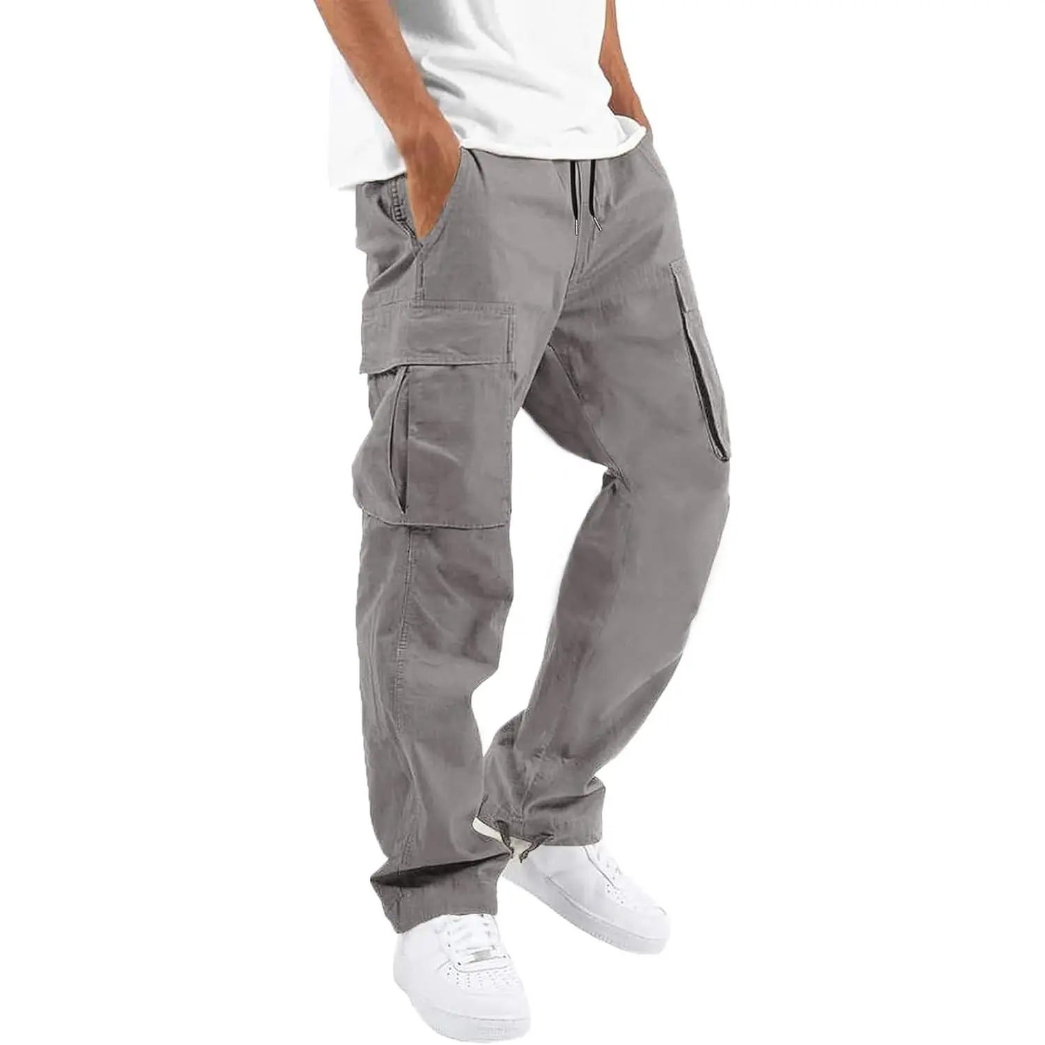 HUNGSON Men's Lightweight Cotton Cargo Jogger Pants - Relaxed Fit, 6 Pockets, Drawstring Waist, Hiking Outfits, All Seasons, Multi-Sports Use, Check Size Chart, Cold Wash for Sports, Daily Wear, Elastic Waistband, Cargo Pockets, Comfortable Soft Men's Spo