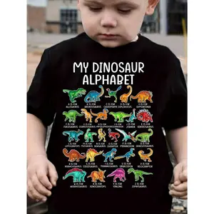 Youngsters' Dinosaur Alphabet Cotton T-Shirt - Casual Round Neck, Machine Washable, Summer Tee for Boys