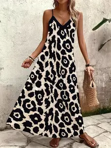 Women's Printed Halter Dress Womenswear Summer Beach Vacation Casual Elegant Dress Long Dress Classic V Neck A-Line Leopard Pattern Slim Fit