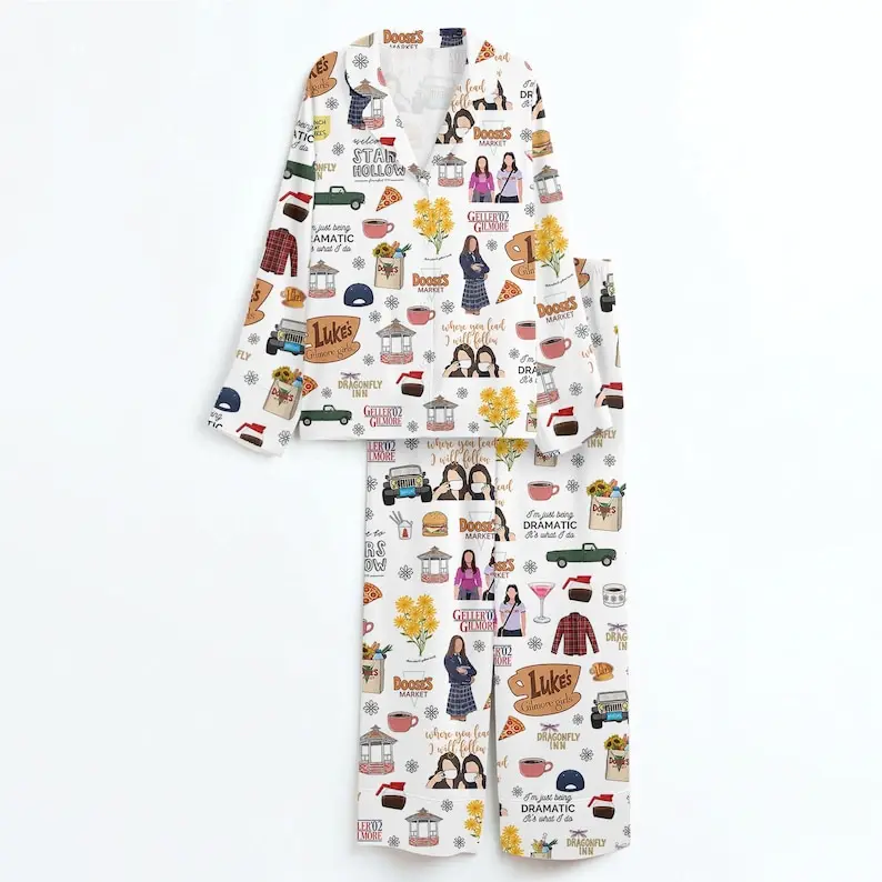Cozy Small Town Fall Satin Pajama Set, Coffee and Book Satin Sleepwear, Autumn Gazebo PJs, Cottagecore Gift for Her