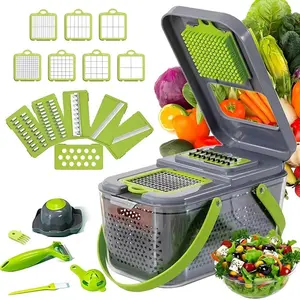 Vegetable Chopper Food Slicer Pro | 22 Pc with 13 Interchangeable Blades MultiFuctional Kitchen Gadgets for Onion, Veggie, Cheese Grater, Vegetables Cutter With Large Container, Easy to Clean, With Bonus Brush and Fork