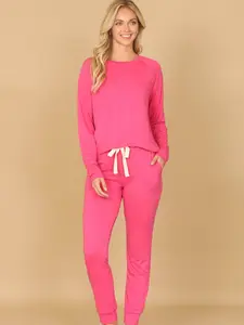 Solid Long Sleeve Top and Joggers Set with Self Tie - Comfortable Fit, Breathable Fabric, Available in S-M-L-XL and 1X-2X-3X, Ideal for Everyday Wear