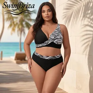 Briza｜Plus Size Two Piece Swimsuit for Women Black and White Zebra Print High Waisted Bikini Set with Push Up Bathing Suit Summer Beach Swimwear Vacation Resort Pool Swimsuits, Women's Swimwear, Bathing Suit for Women, Two Piece Bathing Suit