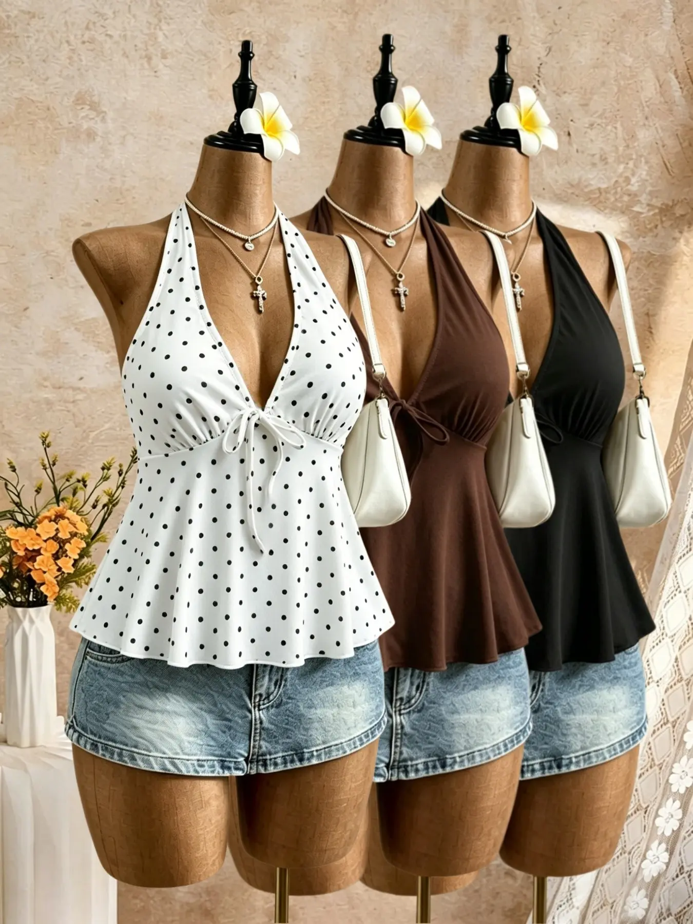 Halter Neck Top, Women Deep V-Neck Adjustable Front Tie Strap Sleeveless Tank, Summer Retro Bell Bottom Casual Outerwear Vest Shirt, Fit