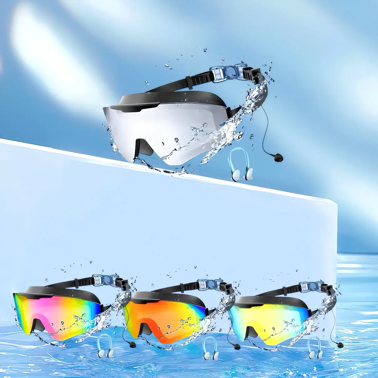 Swim Goggles for Adults- Anti-Fog Full-Coverage, 3-Color UV Lens, Waterproof Earplugs & Nose Clip, Fit Outdoorfun