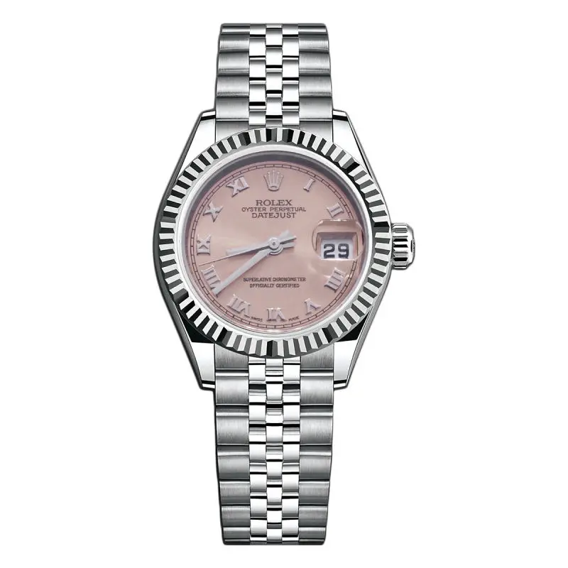 Rolex Lady-Datejust 26mm 179174 Automatic Stainless Steel 18K White Gold Fluted Bezel Pink Roman Dial Jubilee Watch WHP041872
