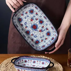 2 Pieces Ceramic Casserole Dishes for Oven, Hand-painted Polish Pottery Baking Dish Set of 2, 0.8QT / 2QT Porcelain Casserole Dish with Handles, Baking Pan Lasagna Pan, Gift for Family/Friend