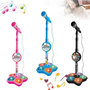 Kids Microphone with Stand Karaoke Song Music Instrument Toys Brain-Training Educational Toy Birthday Gift for Girl Boy Adjustable LED