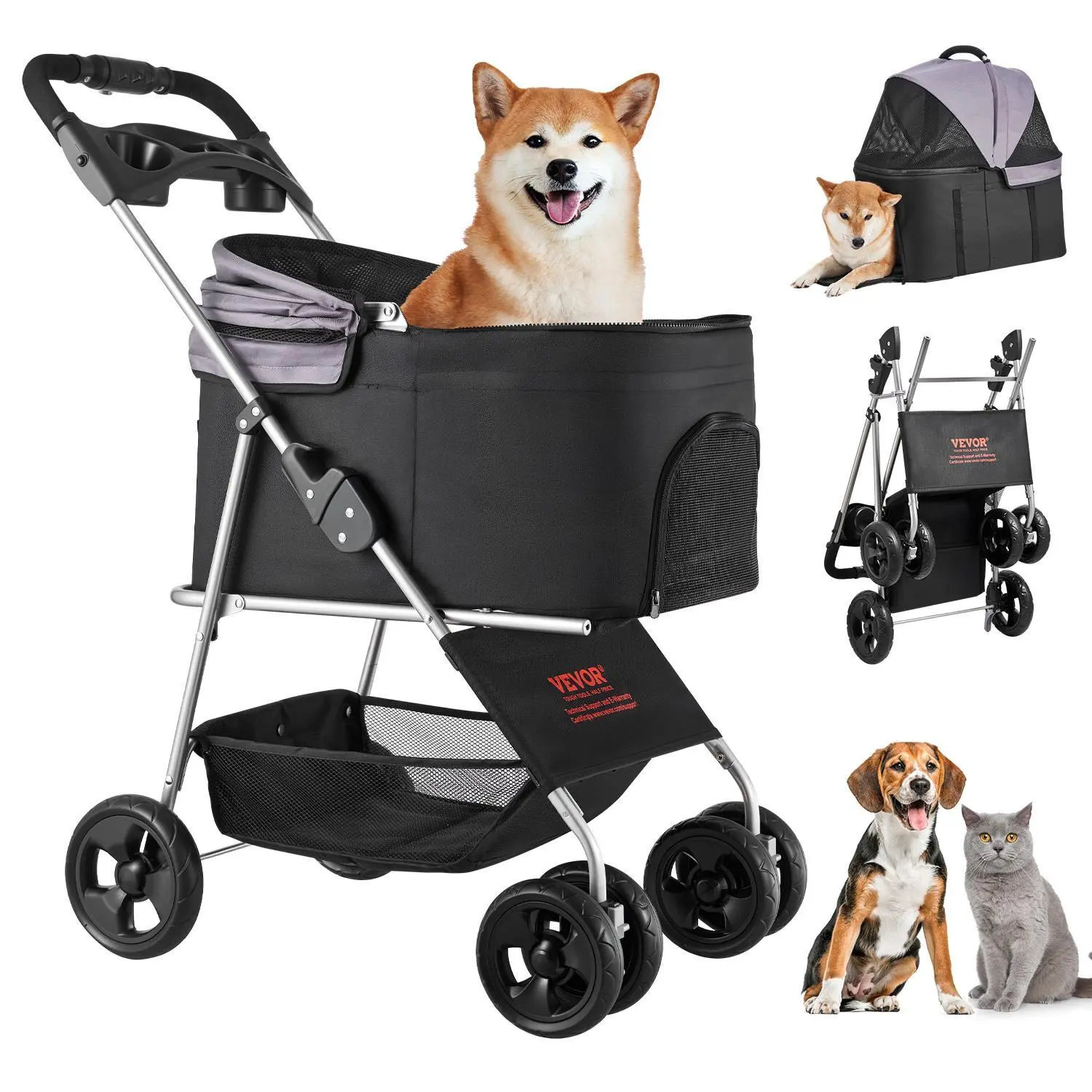 【SummerFinds】VEVOR Oxford Fabric Pet Stroller, 35 lbs Weight Capacity, Compact Folding 4-Wheel Metal Frame Cart, Detachable Carrier Bag, 360° Rotating Front & 6-Inch EVA Foam Wheels, Mesh Windows, Brake, Portable Pram for Small-Medium Pets