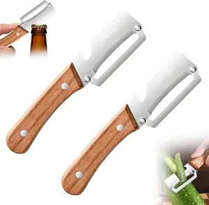 Multi-Functional Vegetable Peeler for Kitchen, Vegetable Peeler with Wooden Handle and Bottle Opener: 2-in-1 Stainless Steel Kitchen Tool for Fruit Apple Potato Pumpkin Papaya (2 PCS)