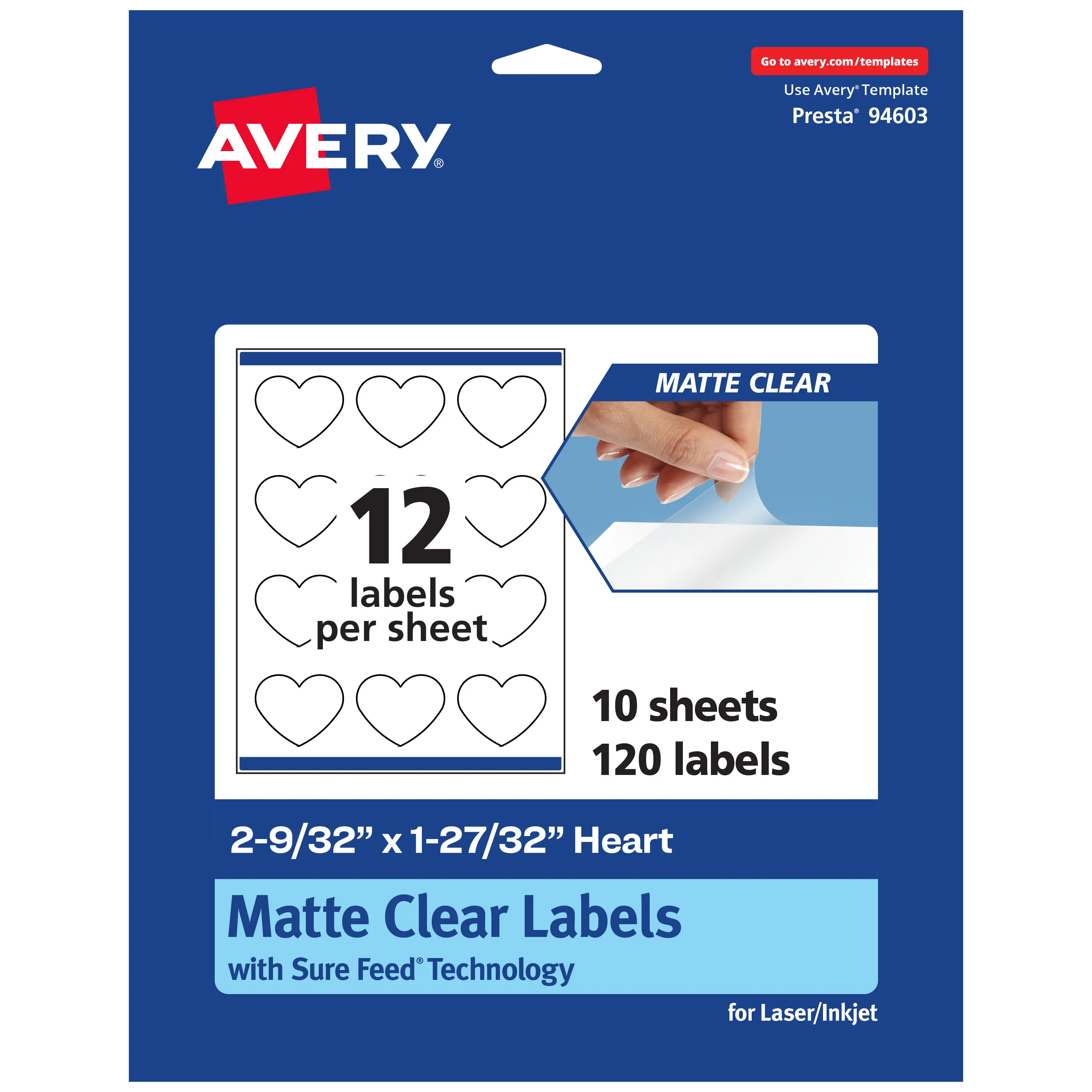 Avery Matte Frost Finish Full Bleed Print Edge Heart Shape Adhesive Stickers, 2-9/32"x1-27/32" Sticky Labels for Office Stationery Supplies
