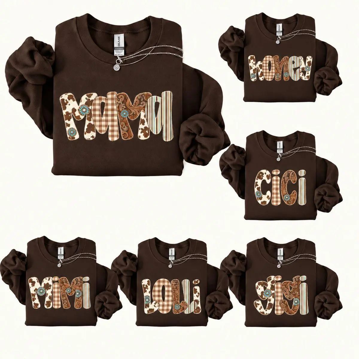 Personalized Mama Mimi Nana Gigi LollySweatshirt for Women, Western Cow Print Graphic Crewneck, Cute Grandma Cowgirl Sweater, Plaid Tooled Leather Style Pullover, trendy