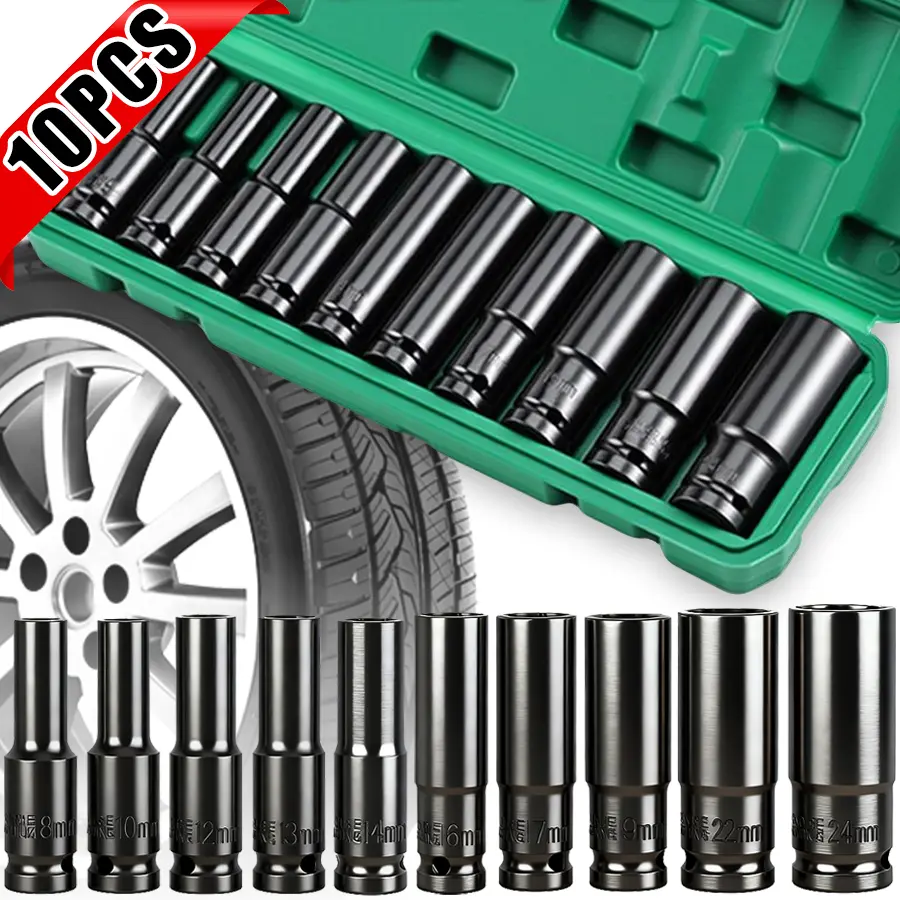 1/2" Drive Impact Socket Set, 10 Sockets and Driver Tool Kit, Standard Metric Size (8-24mm) Mechanics Tool Kit Socket Kit Metric Drive Socket Set with Plastic Tool Case#fathersdaygift
