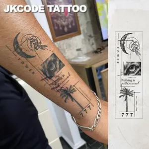 Waterproof Semi-Permanent Tattoo, Tattoo Sticker, Moon Cat Eye Coconut Tree Design, Lucky Number 777 Text, Fashion Large Size, Long-Lasting 15 Days