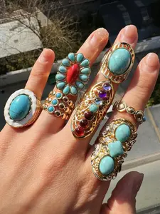 7pcs/Set Fashionable Vintage Turquoise Gold Color Ring Set, Jewelry Accessories For Women, Daily Wear