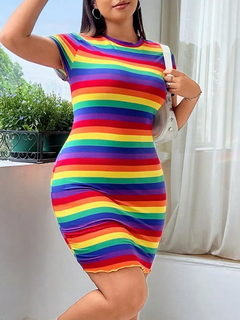 Plus Size Rainbow Striped Bodycon Short Sleeve Pride Summer Dress for Women's Fashion