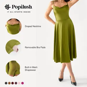 Popilush Satin Cowl Neck Spaghetti Strap Midi Swing Dress - Casual Breathable Elastic Fabric for Everyday Womenswear Feminine Adjustable Mesh