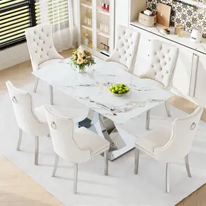Dining Table Set for 6,Kitchen Table Chairs Set of 6,Rectangular Dining Table,Modern Dining Room Set 63" White Tempered Glass Top with Adjustable Stainless Steel Base,Velvet Dining Chairs,Sliver Stainless Steel Plating Legs,Suitable for Dining Room,Office