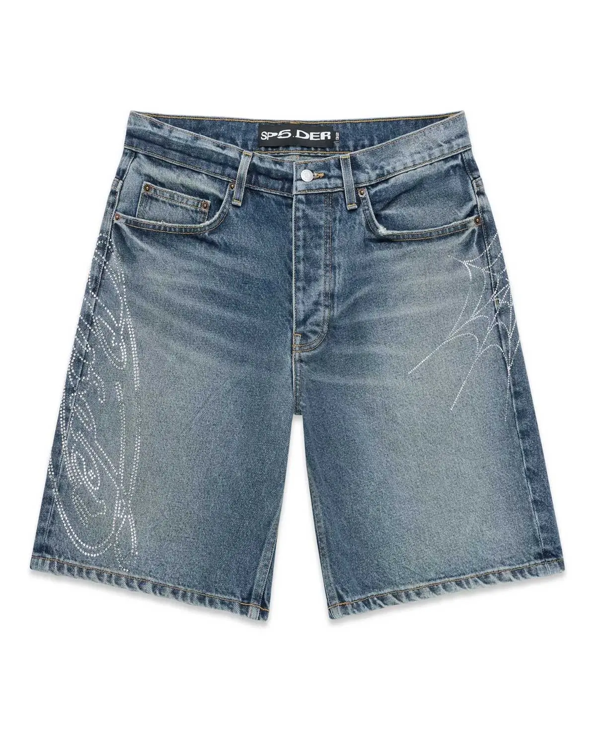 Sp5der Script Web Denim Shorts Indigo Blue