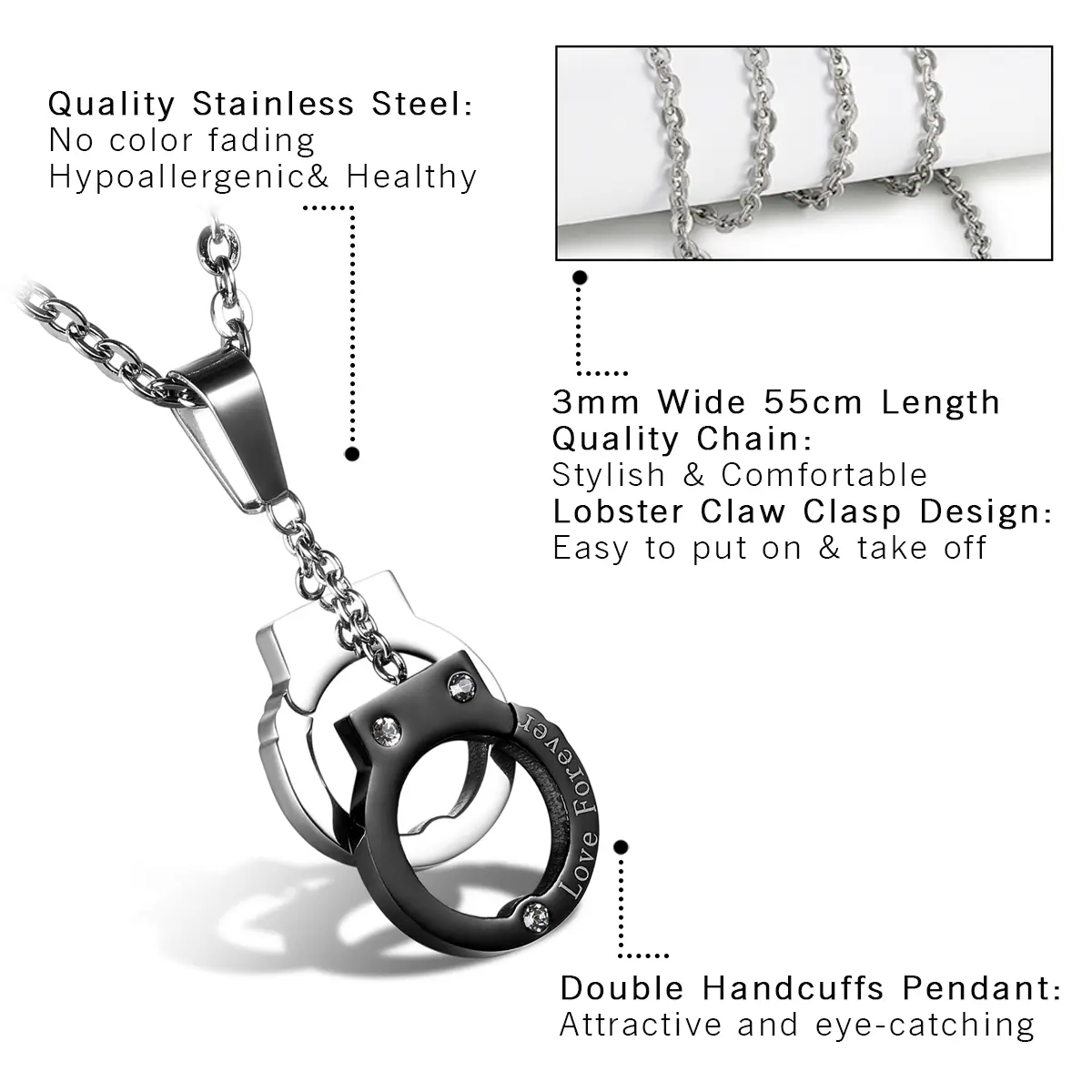OIDEA Romantic Handcuff Pendant Necklace for Couples, Hypoallergenic Stainless Steel Jewelry with Sparkling Rhinestones, 22 Inch Long Chain, Anniversary Gift