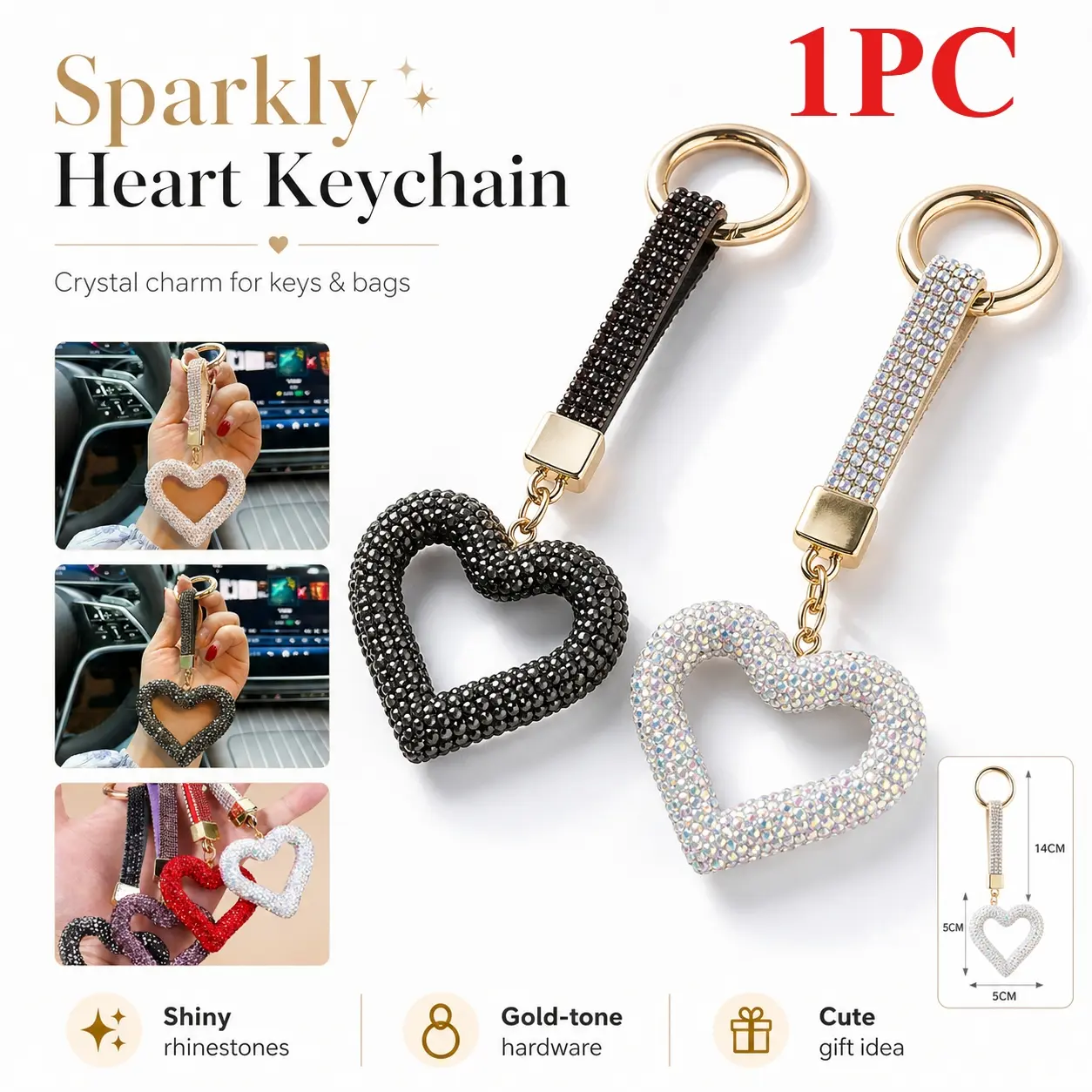 Sparkling Rhinestone Heart Keychain, Cute Heart Bag Charm for Women Girls, Purse Pendant Backpack Charm, Car Key Holder, Valentine’s Day Graduation Gift