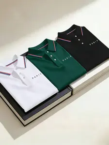 Men's New Polo Shirt Set, Top, Business Style, Soft Skin-Friendly, Classic Collar with Blue Trim, Fashion Paris Print, Breathable Fabric