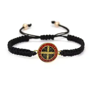 Pulseras de cuerda negra esmaltadas de San Benito, joyería religiosa católica para hombres y mujeres Religious Jewelry Enamelled Design