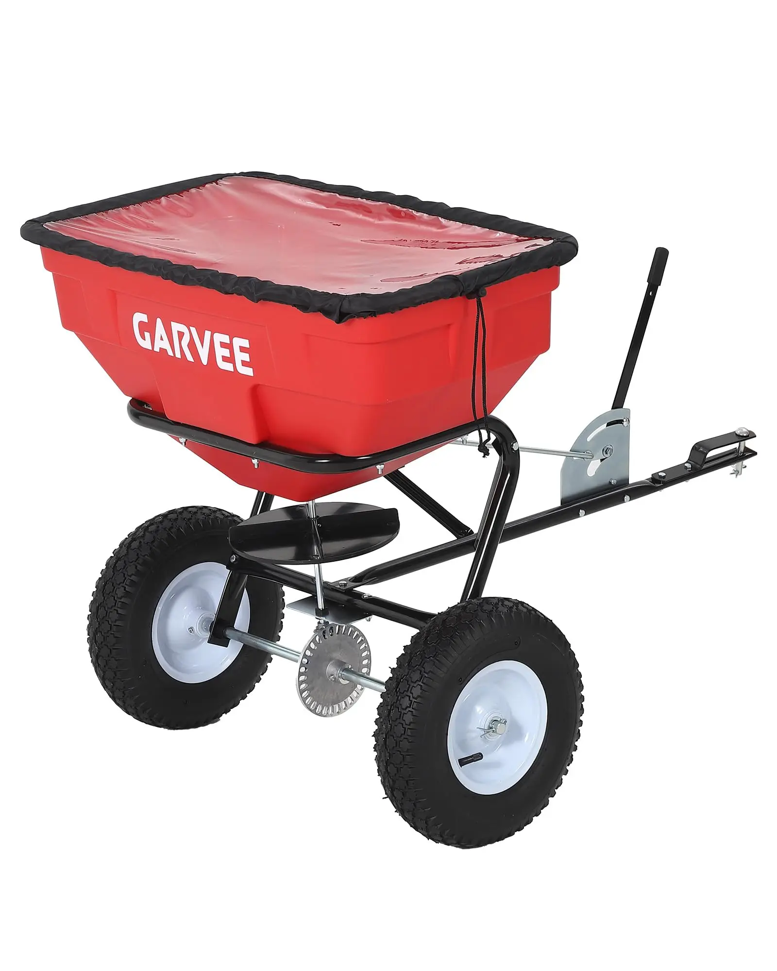 Tow Behind Broadcast Spreader, 125 LBS Large Capacity Universal Hook Tow & Push Lawn Spreader, 9.8 ft Spreading Width 30 Adjustable Settings, Compatible with UTV ATV Riding Mower & Most Tractors，Red