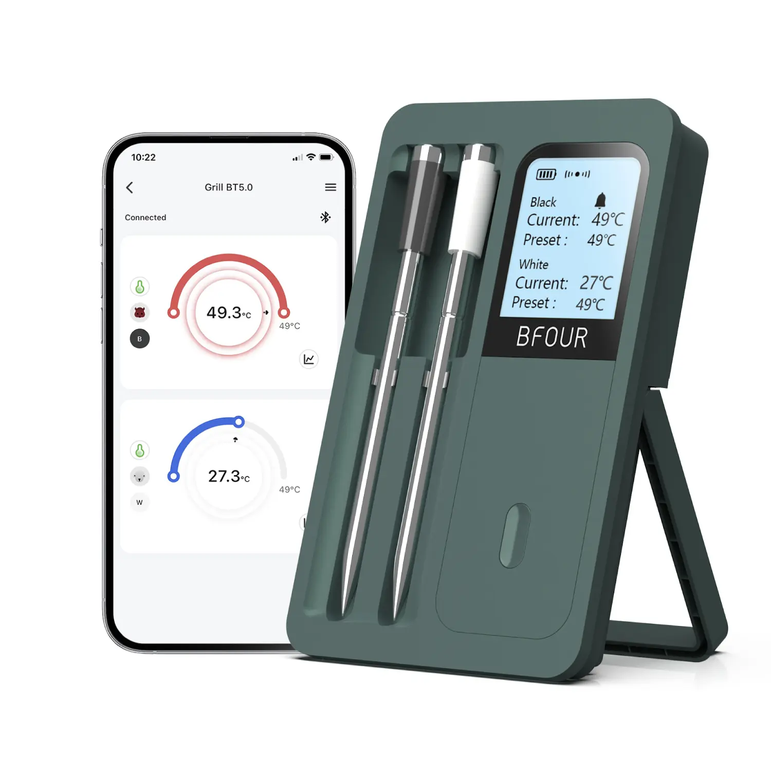 BFOUR Wireless BBQ Thermometer, Meat Thermometer | Essential For Outdoor BBQs | Dual Probes, Target Temperature Alert | Suitable For Outdoor Cooking, Patio BBQs, Grills, Ovens, Turkey & Steakhouses, And Smokers | Ideal Gift For Men/Father