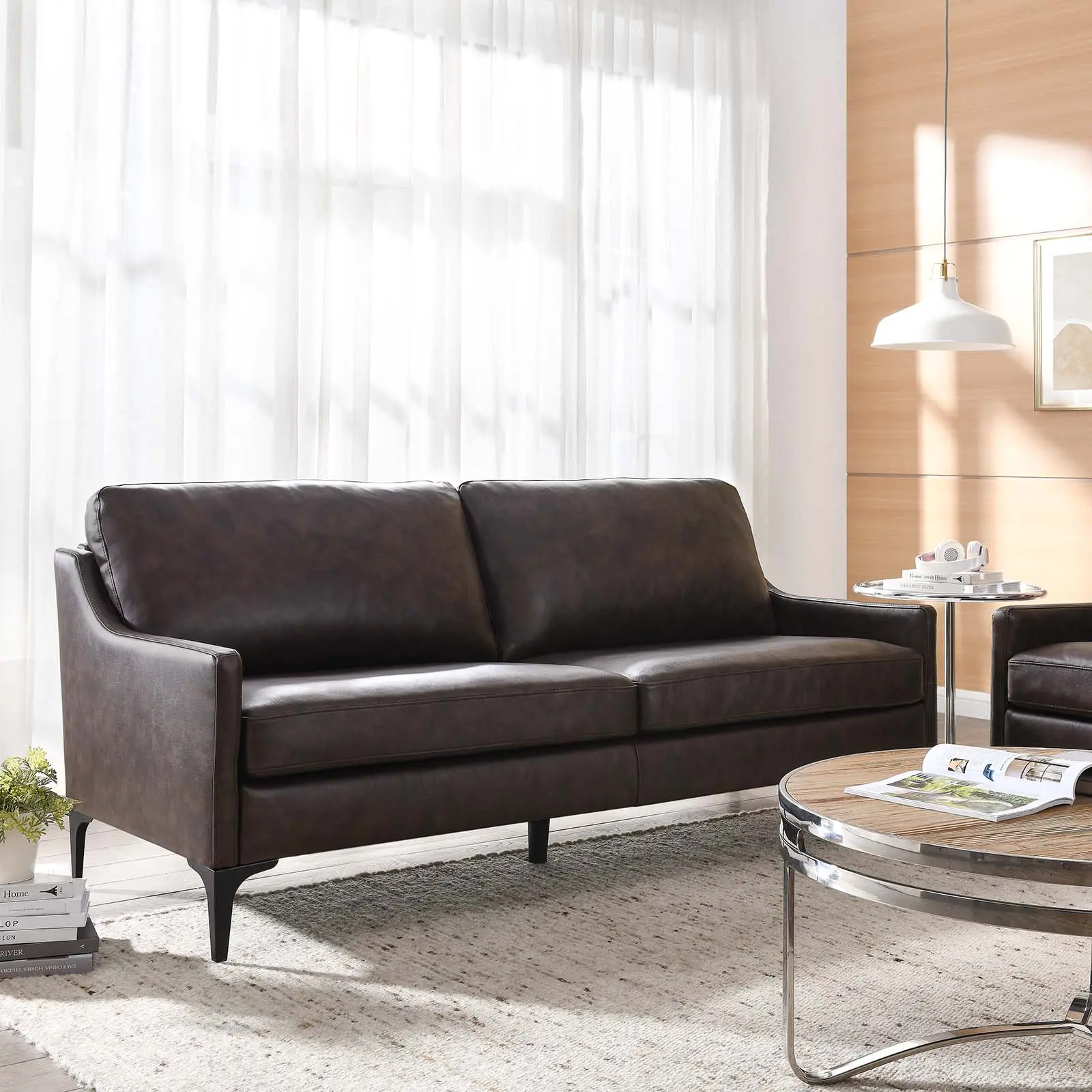 Modway Corland Modern Sofa Couch - Brown Leather Living Room Furniture, Auburn Brown Living Room Furniture