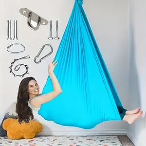 Complete Yoga Hammock Swing Set with Hardware - 110x59 Inch - Polyester Elastic Fabric, Sky Blue Aerial Swing Hammock - Can Hold 220lbs - Suitable for Indoor and Outdoor Yoga Practice, Outdoor Camping - Best Yoga Tools