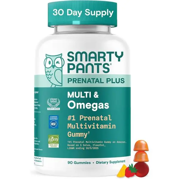SmartyPants Prenatal Multivitamin Gummies with Omega 3 DHA/EPA, Methylfolate, Biotin, Vitamins D3, C, B12, B6, A, K, and Zinc, Gluten Free, Clean Label, Two Fruit Flavors, 90 Gummies (30 Day Supply)