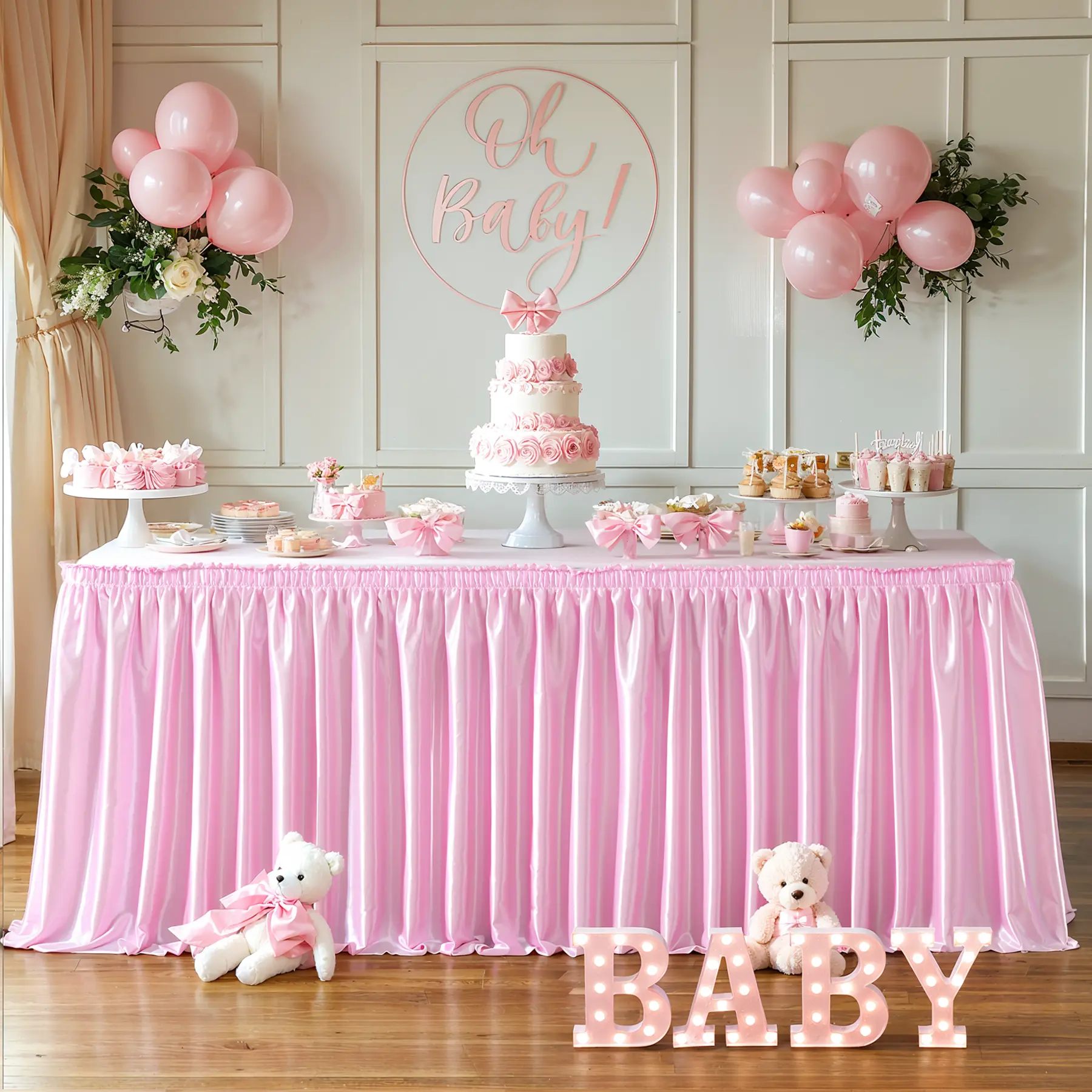 Only Covers Front of 6/9FT Table Classic Polyester Satin Pleated Ruffle Table Skirt for Rectangle & Round Tables, Wrinkle-Free Shiny Table Skirting for Weddings, 1st Birthday & Party Decorations