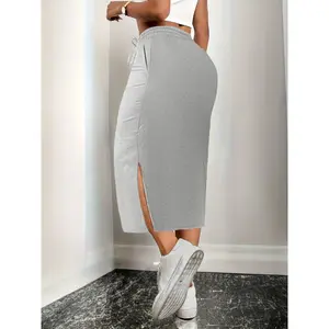 Must-Have Grey Drawstring Side Split Midi Skirt Casual Bodycon Streetwear with Pockets Soft Stretchy Fabric for All-Day Comfort - Womenswear