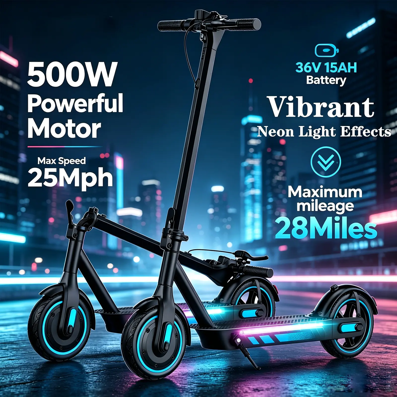 Eletric Scooter 500W Motor Max Speed 25Mph 15AH battery 28Miles Long range 10"Shock Absorption Honeycomb Tire,  Bright neon footboard lights and APP Control  Portable Commuter Electric Scooter for Adult Outdoor Travel