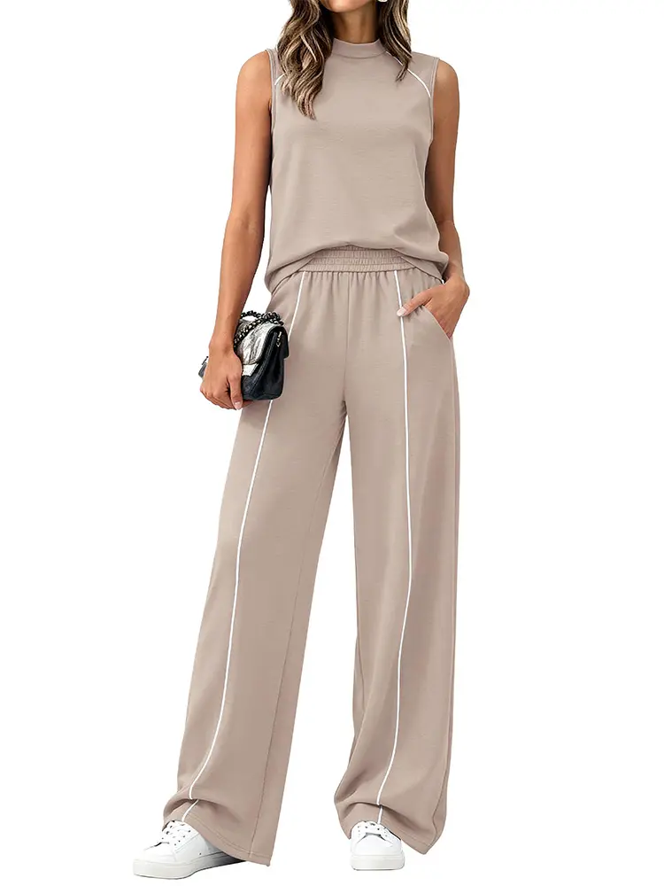 BTFBM Two-Piece Sets for Women Summer Outfits 2026 Lounge Sets Mock Neck Tops Wide Leg Pants Travel Fashion Clothing #Clearance