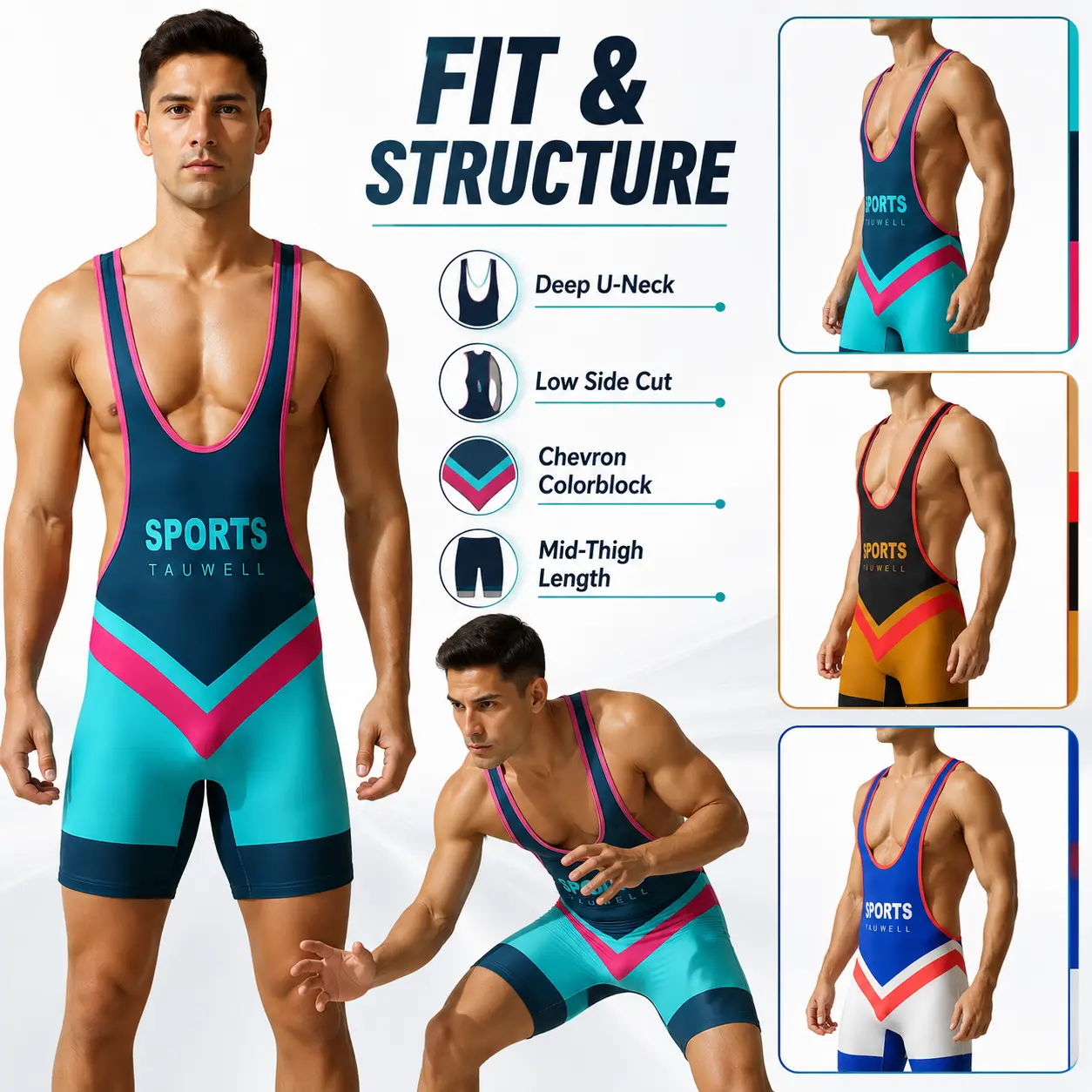 Tauwell Men's 3-Color Colorblock Wrestling Singlet - Deep U-Neck Sleeveless Mid-Thigh Elastic Spandex Bodysuit, All Seasons Sports Gym Outfit for Wrestling, Weightlifting -25704