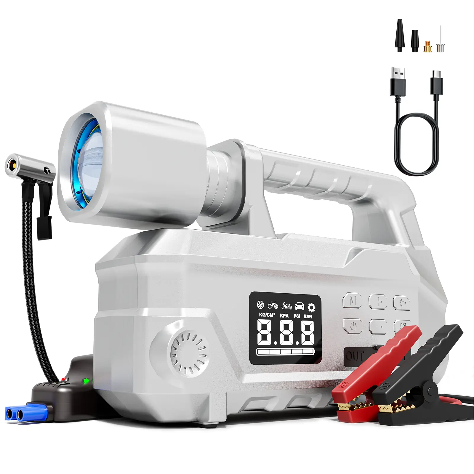 Geeneu 8000A Portable Jump Starter with Air Compressor, 12 V Car Battery Jump Box (ALL Gas/10.0L Diesel), 150PSI Digital Tire Inflator, High-Brightness Zoomable 950 LM LED Light