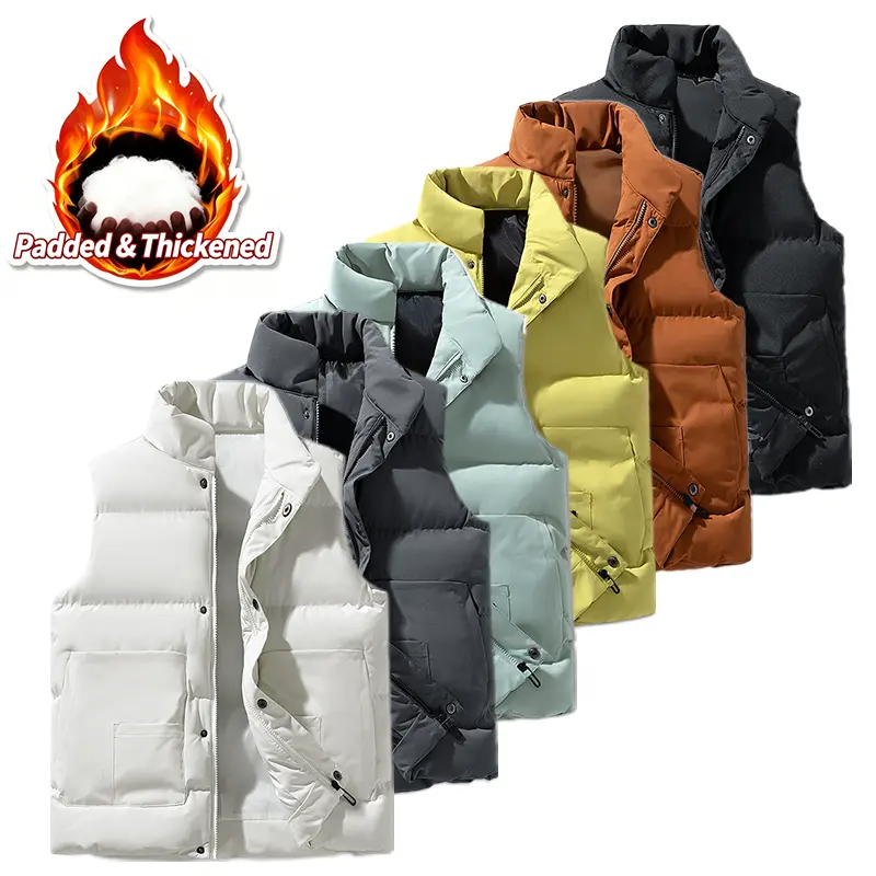 Men’s stand collar thick vest, thickened warm sleeveless vest, windproof casual vest for autumn/winter, available in multiple colors.