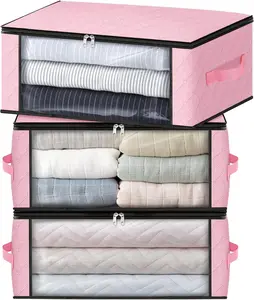HomeHacks 3-Pack 35L Clothes Storage Bags – Foldable Closet Organizer Boxes with Clear Window & Sturdy Handles (Pink)