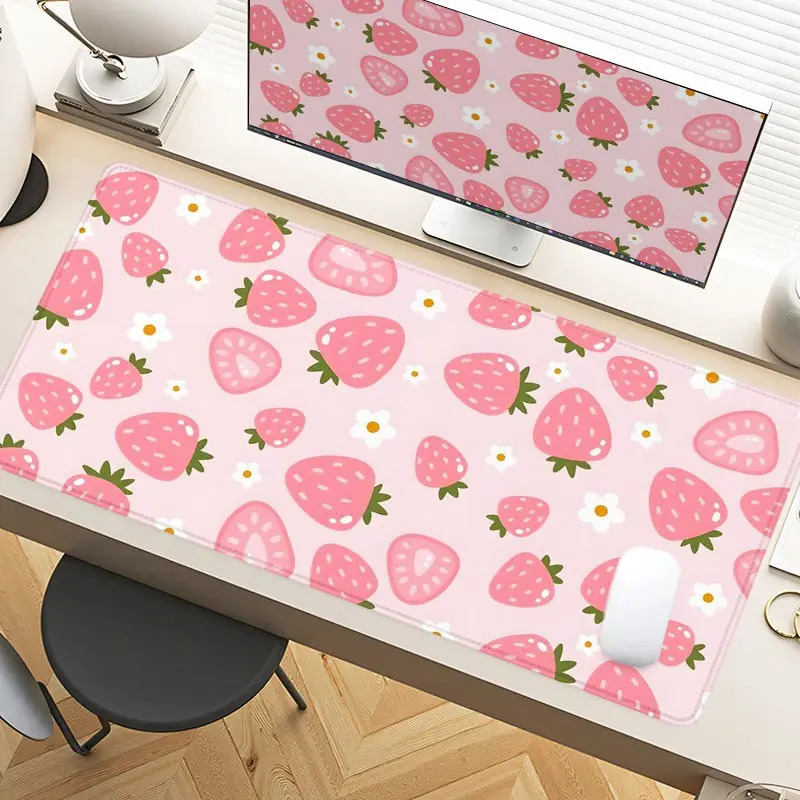 Strawberry Floral Pink Desk Pad Gaming Mousepad XXL Mouse Pad for Laptop Desk Mouse Pad Extra Large with Non-Slip Rubber Base Stitched Edges Surface for PC Gamers Office Workers & Home Use Perfect for Spring Summer Gifts Desk Mats Cute Desk Accessories