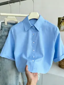 Women's Summer Simple Minimalist Short Sleeve Button Up Shirt Blouses, Fresh Light Blue Color, Collar and Button Design, Casual and Formal, Comfortable Breathable Fabric, Womenswear Top