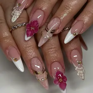 SHE DARES PInk Marble- Luxe Floral Bloom Press-On Nails, 3D Floral Nail Art Design, Gold Trim & Pearls, Long Almond French Tips for Glam Wedding & Party Looks
