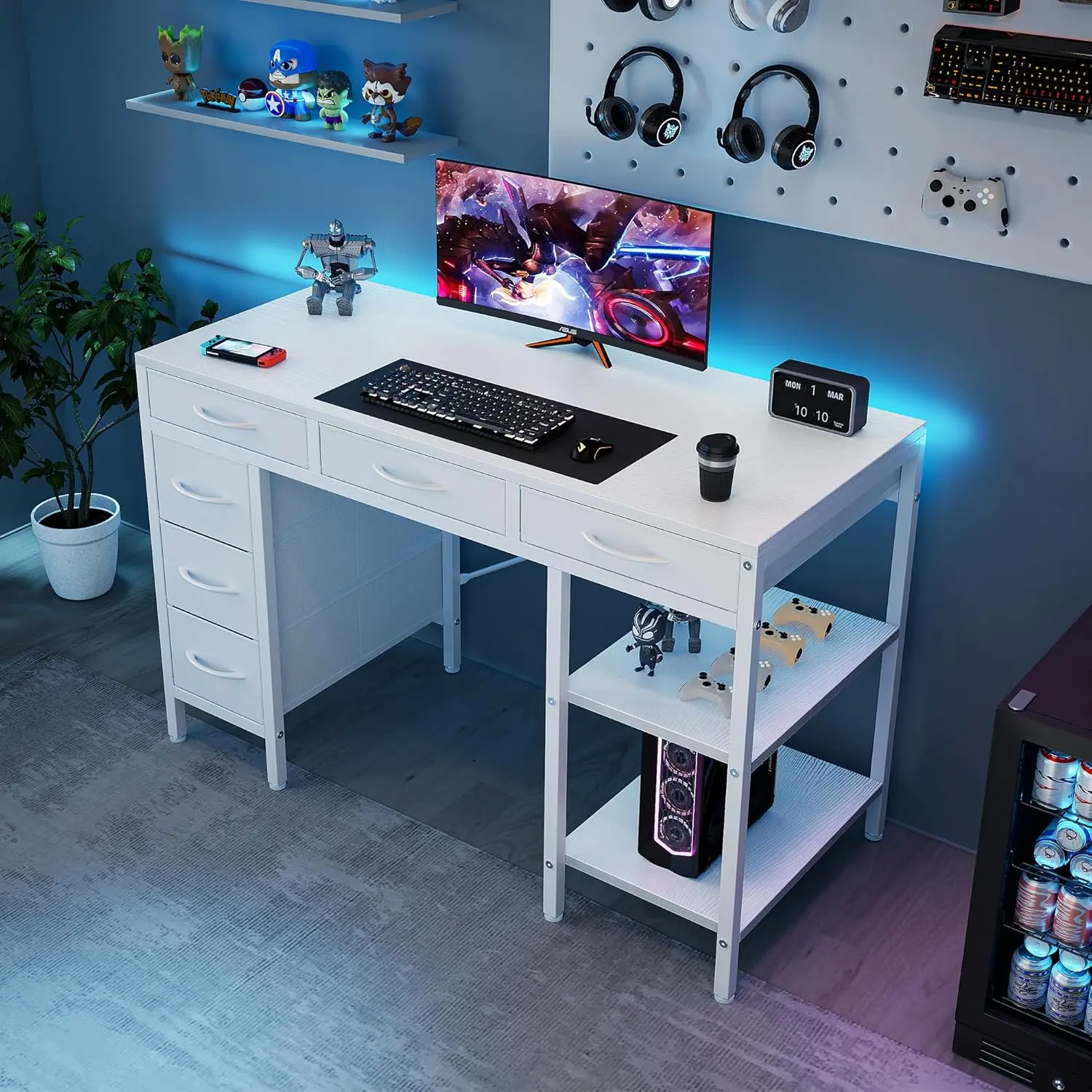 White Computer Desk, 47" & 55" w/ 6 Drawers & Adjustable Shelves, for Home Office Gaming Writing White Computer Desk, 47" & 55" w/ 6 Drawers & Adjustable Shelves, for Home Office Gaming Writing