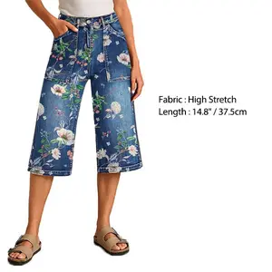 Flamingals Allover Floral Print Patch Pocket High Rise Straight Leg Capri Jeans