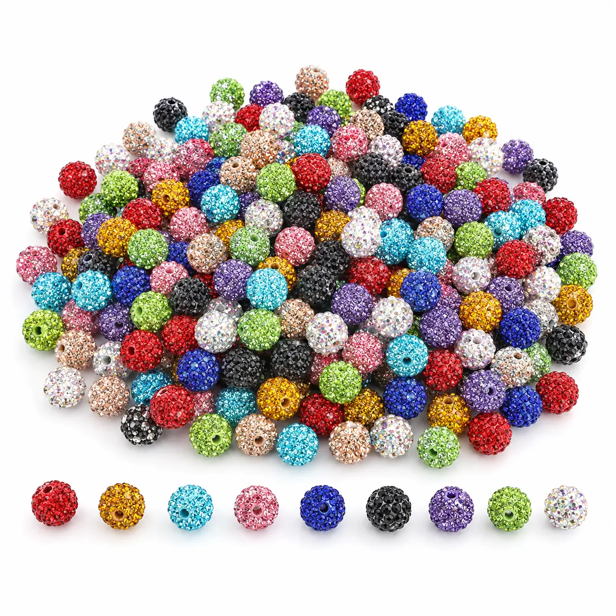 150-Piece 10mm Multicolor Pavé Rhinestone Bead Mix, Sparkly Clay Core Disco Ball Beads for DIY Bracelet Making, Necklaces, Earrings, Beadable Pens, Keychains and Handmade Jewelry Crafts